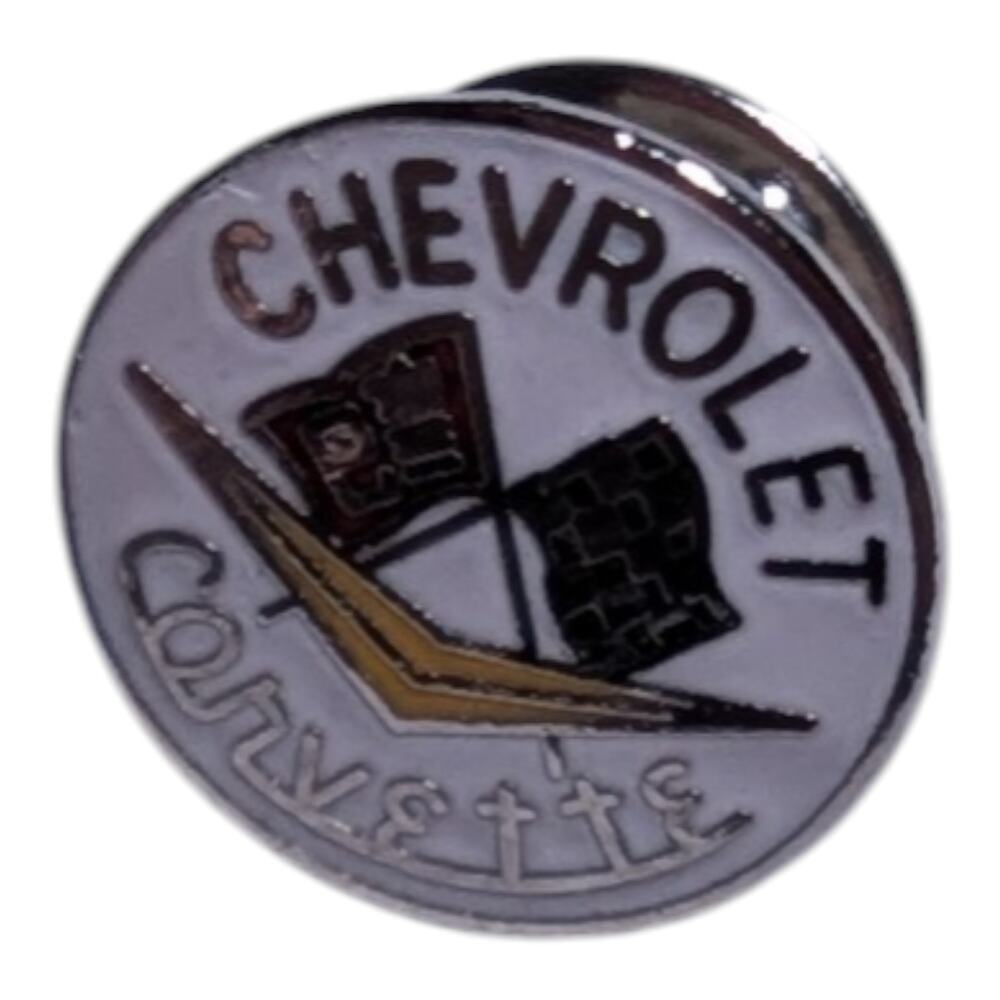 Vtg 1990s Chevrolet Corvette White Enamel Racing Flag Detail Round Lapel Hat Pin
